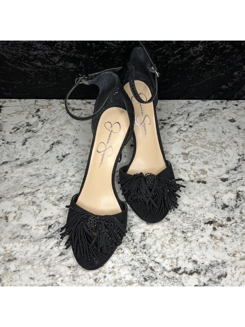 Jessica Simpson Jillari Black Suede Fringe Ankle Strap High Heel Pumps 9.5
